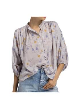 CLOSED Eliza Cotton Blouse Long Sleeve Floral Print Boho Prairie Grey Size Med